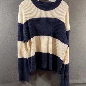 H&M women wool sweater small cream‎ navy Striped Knit nautical paris french